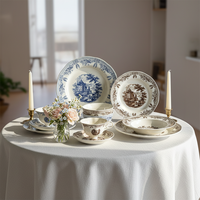 Service de table en céramique de luxe vintage de style français, compatible micro-ondes, avec assiettes et bols sous glaçure à motif manorial