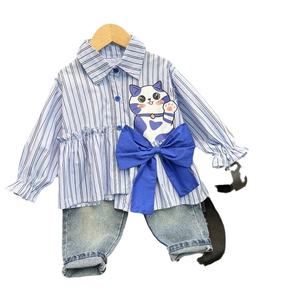 ชุดเสื้อผ้าสำหรับเด็กผู้หญิง2ชิ้นชุดเสื้อผ้าเด็กลายการ์ตูนผูกโบว์น่ารักชุดเสื้อผ้าสำหรับแมว + กางเกงยีนส์ใหม่ฤดูใบไม้ผลิ - Product Image 1