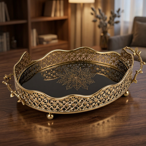 Luxury Metal Decorative Serving Tray with Handles Gold <b>Black</b> <b>Vanity</b> Tray for Coffee Tea Dining <b>Table</b> Home Decor Display - Product Image 2
