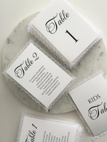 Cartes de numéros de table de mariage en dentelle blanche, personnalisables avec les noms des invités, élégantes cartes de plan de table pour réception de mariage