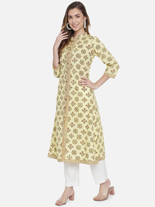 Ensemble Kurti en coton imprimé à la main, style moderne, écologique, respirant, motif floral jaune, manches trois quarts, robe ample décontractée - Product Image 4
