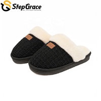 Pantoufles en peluche tricotées StepGrace, avec empeigne tissée classique, chaussures d'intérieur chaudes pour femme, décoration de marque, semelle durable