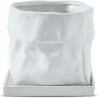 Pot de fleurs moderne de 8 pouces avec trou de drainage, soucoupe carrée, pour herbes/plantes, en forme de sac, pour décoration de jardin intérieur/extérieur, blanc