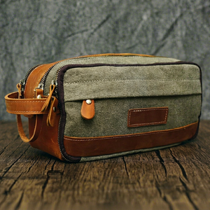 Custom Logo Canvas Leather Toiletry Bag Mens Vintage Shaving Dopp Kit Wholesale Travel Cosmetic Organizer <b>Case</b> LCTB-0003 - Product Image 1