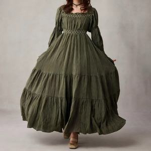 เดรสลำลองคุณภาพสูงมาใหม่สำหรับฤดูใบไม้ร่วง แขนยาว แต่งสม็อค ปักลายผ้าลินิน เดรสยาวแบบเรียบร้อย - Product Image 3