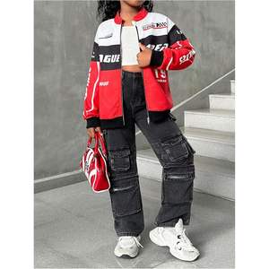 Blouson bomber personnalisé pour filles, à fermeture éclair, manches longues, color-block, coupe-vent, style moto, streetwear - Product Image 5