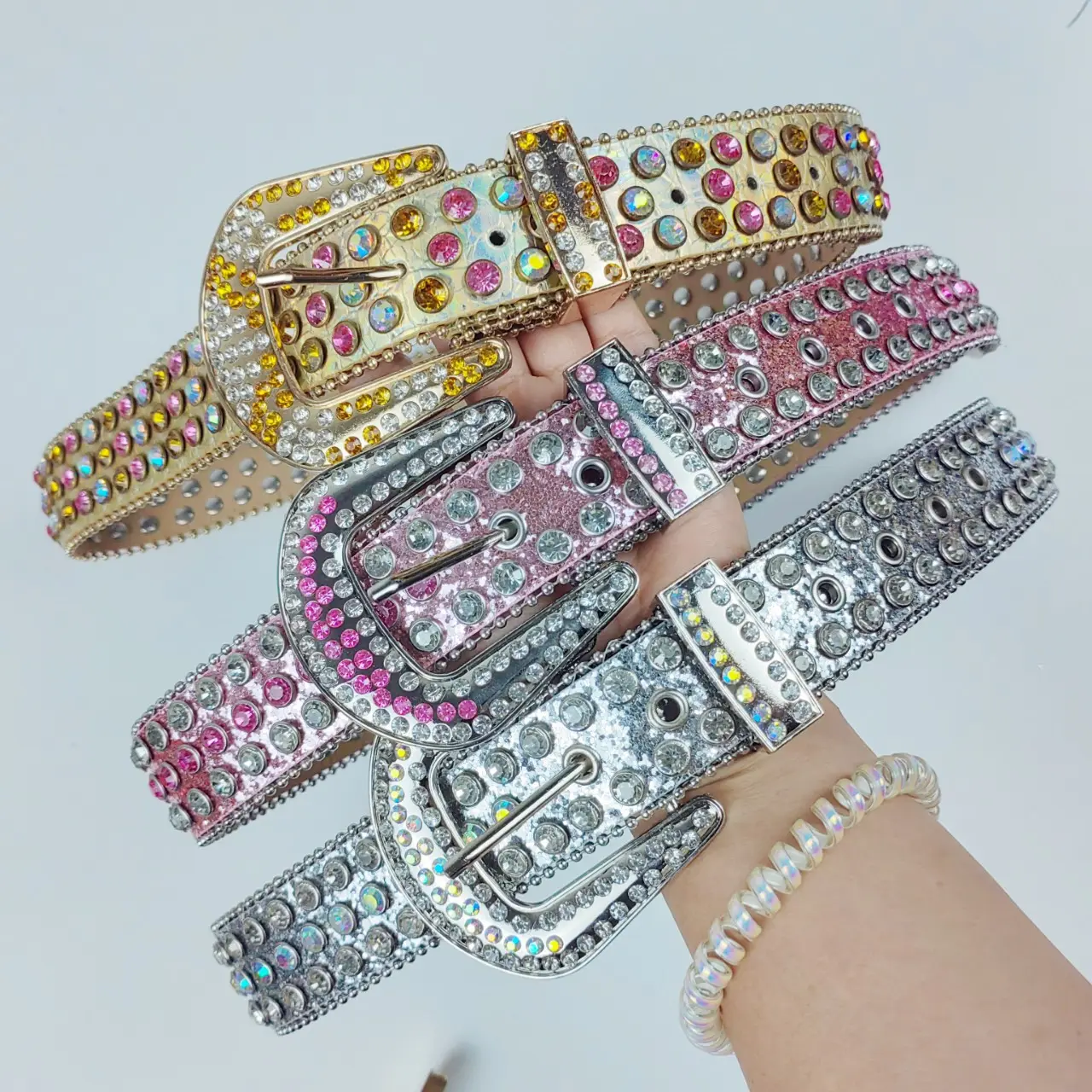 Vente en gros de ceinture en strass personnalisée ceinture en cuir bling bling coloré fournisseur professionnel diamants strass