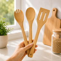 Ensemble d'ustensiles de cuisine en bambou de 3 pièces : Cuillère à pâtes, Spatule ajourée, Cuillère mélangeuse – Outils de cuisson en bois avec trou de suspension – Vente en gros