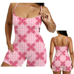 Combinaison de sport pour femme en gros, personnalisée, imprimé floral hawaïen, côtelée, pour le yoga, avec poches, sans manches, style playsuit spaghetti, pour l'été - Product Image 2