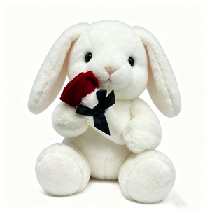 Custom White Plush Dog Holding <b>Red</b> Rose With Black <b>Bow</b> Soft Faux Fur Valentine's Day Gift Cartoon 3D Shape - Product Image 3