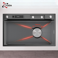 Évier de cuisine multifonctionnel en acier inoxydable 304 avec robinet intelligent à jet de pluie et robinet cascade, design à cuve unique et deux trous