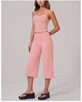 Ensemble de yoga 2 pièces personnalisé pour femme : débardeur de sport dos en Y avec coussinets amovibles et pantalon large taille haute 3/4 pour le jogging et la gym