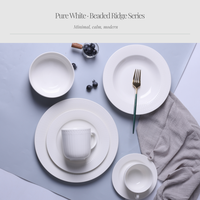 Vaisselle en céramique fine en porcelaine blanche pure, collection à bordure perlée, nouveau style minimaliste moderne, service de table pour une salle à manger élégante