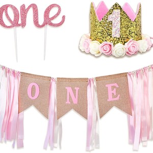 Set de Decoración para el Primer Cumpleaños de Niña: Bandera, Corona, Pastel de Cumpleaños, Etiqueta, Diadema de Corona, Artículos de Decoración para el Lugar y la Fiesta - Product Image 3