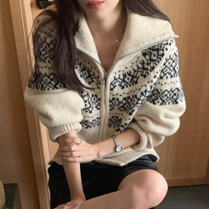 신상품 편안한 맞춤 빈티지 크리스마스 럭셔리 따뜻한 가을 가디건 여성용 하이넥 지퍼 긴팔 루즈핏 니트 - Product Image 6