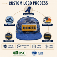 Casquette de baseball personnalisée à visière plate, motif camouflage bleu, 6 panneaux, snapback, patch brodé jaune, réglable, vente en gros, OEM, faible MOQ