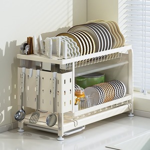 Escurridor de Platos Metálico de Doble Nivel para Esquina, Organizador de Encimera Moderno con Soporte para Cubiertos y Cuchillos, Soporte para Palillos y Bandejas Extraíbles con Patas - Product Image 3