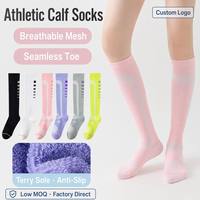 Chaussettes de sport unisexes à logo personnalisé, respirantes, en maille, hauteur genou, avec bout sans couture et semelle en tissu éponge, à compression