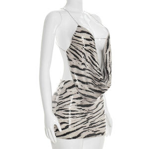 Viviblook D26ST050 Ensemble d'été pour femmes, imprimé zèbre, paillettes, débardeur dos nu, jupe mini moulante, ensemble deux pièces - Product Image 4