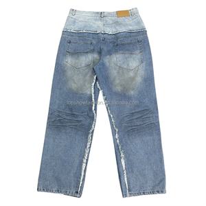 TOPSHOW DENIM Jeans en coton à jambe droite, denim délavé mélangé avec des bords bruts, patchwork délavé, pantalon en denim à double taille pour homme - Product Image 4