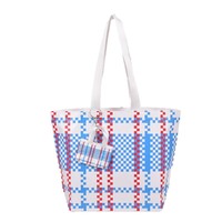 Sacs de courses réutilisables en tissu tissé PP à carreaux de luxe, sacs de shopping robustes à motif damier avec mini pochette pour la vente au détail de vêtements