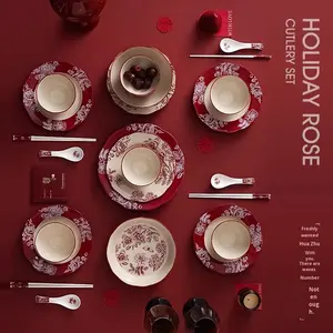 Juego de <span class=keywords><strong>Vajilla</strong></span> de Cerámica Roja con Diseño Floral, Apto <span class=keywords><strong>para</strong></span> Alimentos, con Acabado Subesmaltado, Apilable, Apto <span class=keywords><strong>para</strong></span> Microondas y Lavavajillas, <span class=keywords><strong>para</strong></span> Uso Diario - Product Image 4