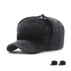 Winter Men's Mink Fur Warm Hat With Ear Protection Flat Top Baseball Cap Black And Gray Solid Color Waterproof Keep Warm Adult - Product Image 1