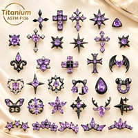 Perhiasan Tindik Titanium ASTM F136 Lapis Hitam Berhiaskan CZ Ungu, Anting Stud, Labret, Cincin Hidung, Daith, Helix, Tragus, Tindik Tubuh Gothic