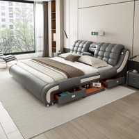 Lit multifonctionnel en cuir véritable de 1,8 m, lit double rembourré avec rangement et fonction massage pour chambre à coucher, vente en gros