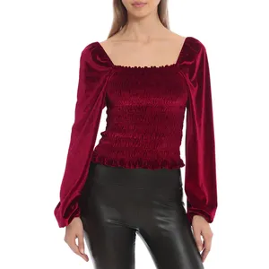 Red women 2023 class woven tops square collar long-sleeved smoking velvet top