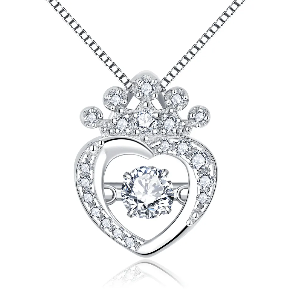 High End Dancing Crown Necklace 5A Zirconia 925 Sterling Silver Love Heart Necklace Jewelry