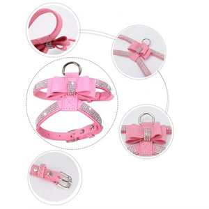 光沢のあるラインストーンのリボン付きペット用胸当てと背当てストラップ、小型犬・中型犬用リード、猫用リード、屋外散歩用、脱走防止 - Product Image 4