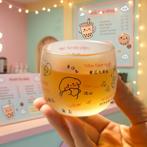 Ins glazen beker met matglas, schattig cartoonhondpatroon, liefdestekstontwerp, Kawaii waterbeker voor koffie, melk, boba-thee - Product Image 4