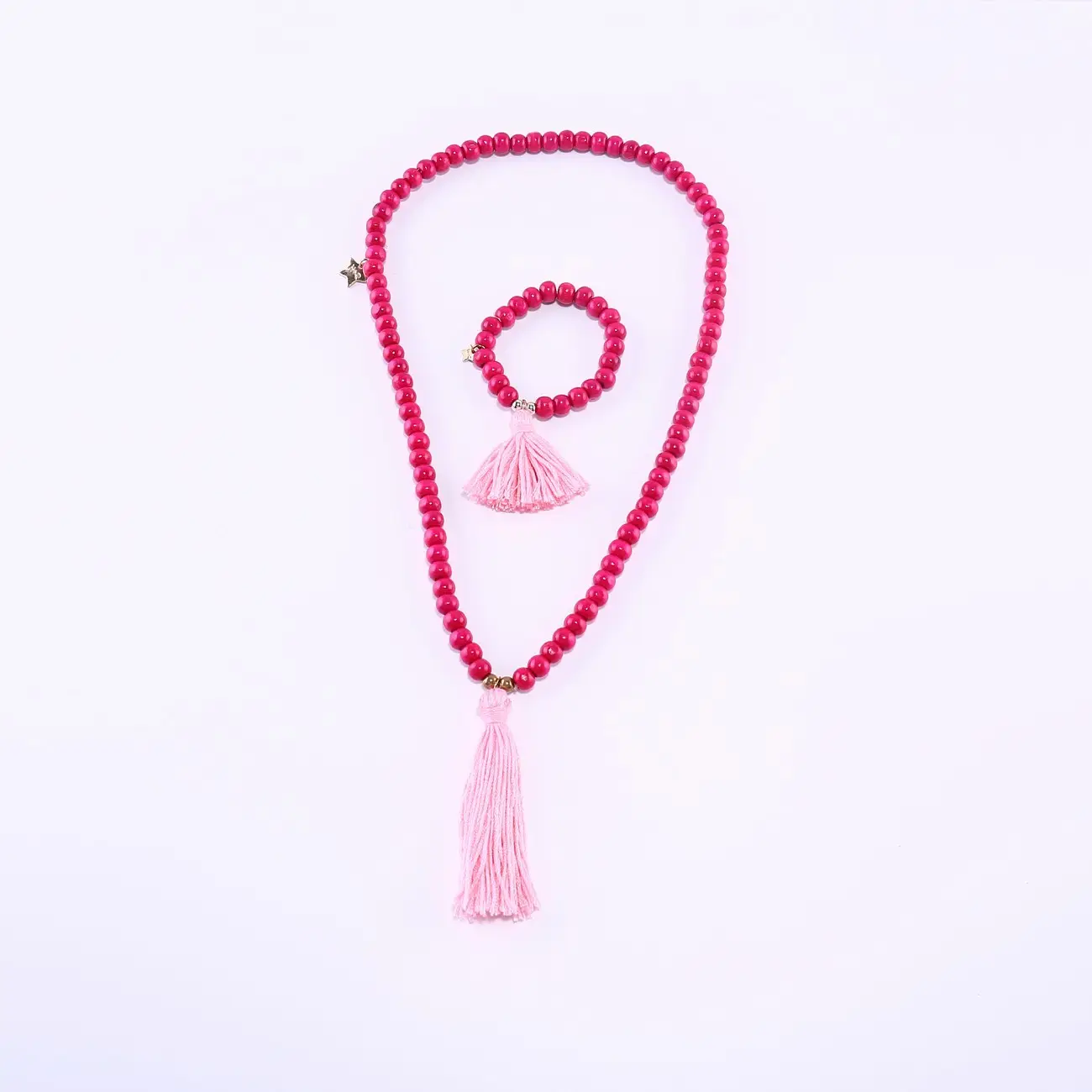 Necklace Bracelet Set for Children Pink Wood Beads with Tassel Necklace Accessories Wholesale