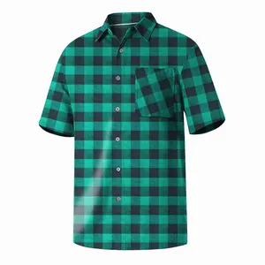 Zomer Kleding Mannen Katoen Polyester Blend Korte Mouw Zwart Groen Flanel Plaid Shirts