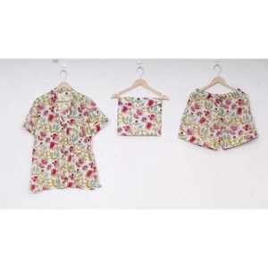 Conjunto de Pijama Corto de Algodón Satinado con Estampado Floral, Transpirable, para Mujer, Venta al Por Mayor - Product Image 1