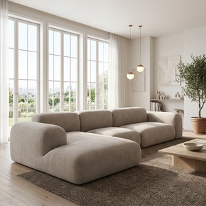 Divano Modulare a L Minimalista <span class=keywords><strong>Beige</strong></span> Arrotondato, Divano Sezionale a Basso Profilo per Ampio Soggiorno Moderno - Product Image 1