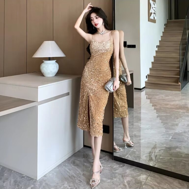 new look gold sequin dress Vintage Lisa Meril Coral Colored Gold Sequin Empire Waist Dress – The Kit  Vintage