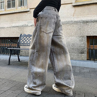 Pantalon en jean rétro déchiré style urbain - Pantalon ample à jambe large avec boutons style avion et effet encre, unisexe