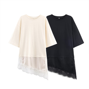 ZATRHMBM Spring 2025 New Fashion <strong>Patchwork</strong> T-Shirt <strong>Top</strong> Retro Round Neck Casual Asymmetrical Women's <strong>Top</strong> - Product Image 1