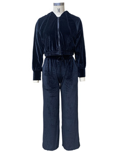 Survêtement en <span class=keywords><strong>velours</strong></span> Ensemble deux pièces pour femme Manteau court d'automne à fermeture éclair avec <span class=keywords><strong>pantalon</strong></span> long Ensemble décontracté 2 pièces pour femme - Product Image 6