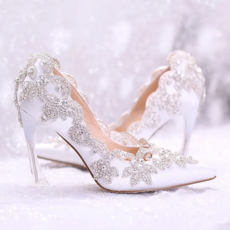 S61 White different customize arge size White pearl high heel women's bridal wedding shoes for women