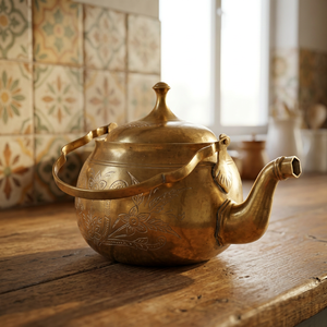 Bouilloire à thé vintage en laiton avec couvercle et poignée, gravure florale décorative, pot à eau, bouilloire en métal - Product Image 6