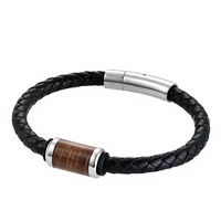 Gelang Kulit Pria dengan Manik-manik Kayu Tong Wiski Custom Gentdes Jewelry, Kancing Magnet Stainless Steel, Logo Terukir