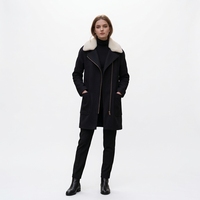 Manteau d'hiver pour femme en mélange de laine, mi-long, fermeture éclair asymétrique, col en fausse fourrure sherpa, veste noire, vêtement d'extérieur