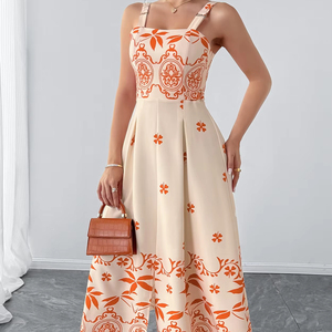 Robe longue éco-responsable rétro à motif floral pour femme, coupe trapèze, taille naturelle, avec détail noué à la taille, idéale pour les vacances - Product Image 2