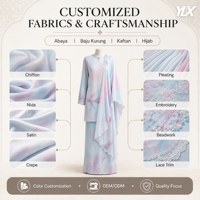 Baju Kurung personnalisé pour femme, ensemble deux pièces, imprimé aquarelle, avec cape superposée et bordure festonnée, OEM/ODM, marque privée, style modeste Malaisie Raya
