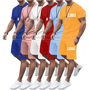 Roupas de pescoço simples, conjunto de algodão para camiseta e shorts com camiseta masculina, conjunto de 2 peças