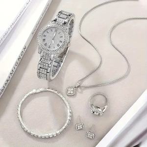 Reloj de Cuarzo de Moda para Mujer LP09 con Collar, Pulsera, Anillo, Cadena de Acero Inoxidable, Cristal, Esfera de Cristal y Juego de Pendientes de Aleación - Product Image 4