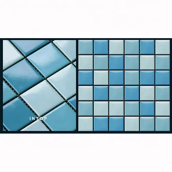 Kolam Renang Tiga Warna Biru 48X48Mm, Ubin Keramik Mosaik Kolam Ikan Kolam Renang Dalam dan Luar Ruangan Lantai dan Dinding